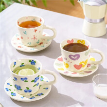 Ceramic Coffee Mug with Saucer Set, Cute Fruits and Flowers Cup for Office and Home, 8.5 oz/250 ml for Tea Latte Milk
