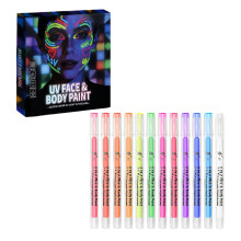 Marcadores de tinta facial neon UV, 12 cores, brilham sob luz negra para tatuagens temporárias, compatíveis com todos os tipos de pele.