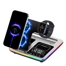 Sveglia digitale 3 in 1 con caricabatterie wireless, display a LED e stazione di ricarica rapida da 15 W, compatibile con iPhone, smartwatch e