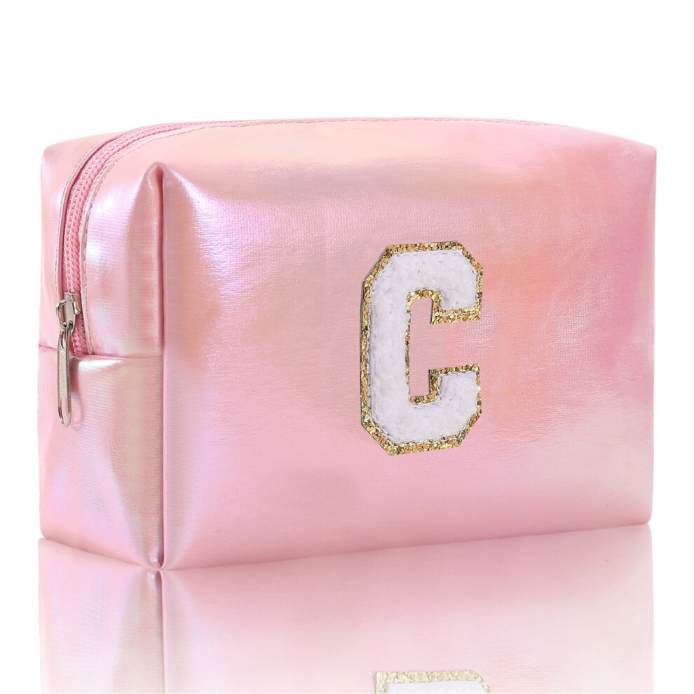 Large Embroidered Makeup Bag - Alphabet Monogram Travel Cosmetic Organizer, Toiletry Clutch with Zipper, Durable Storage