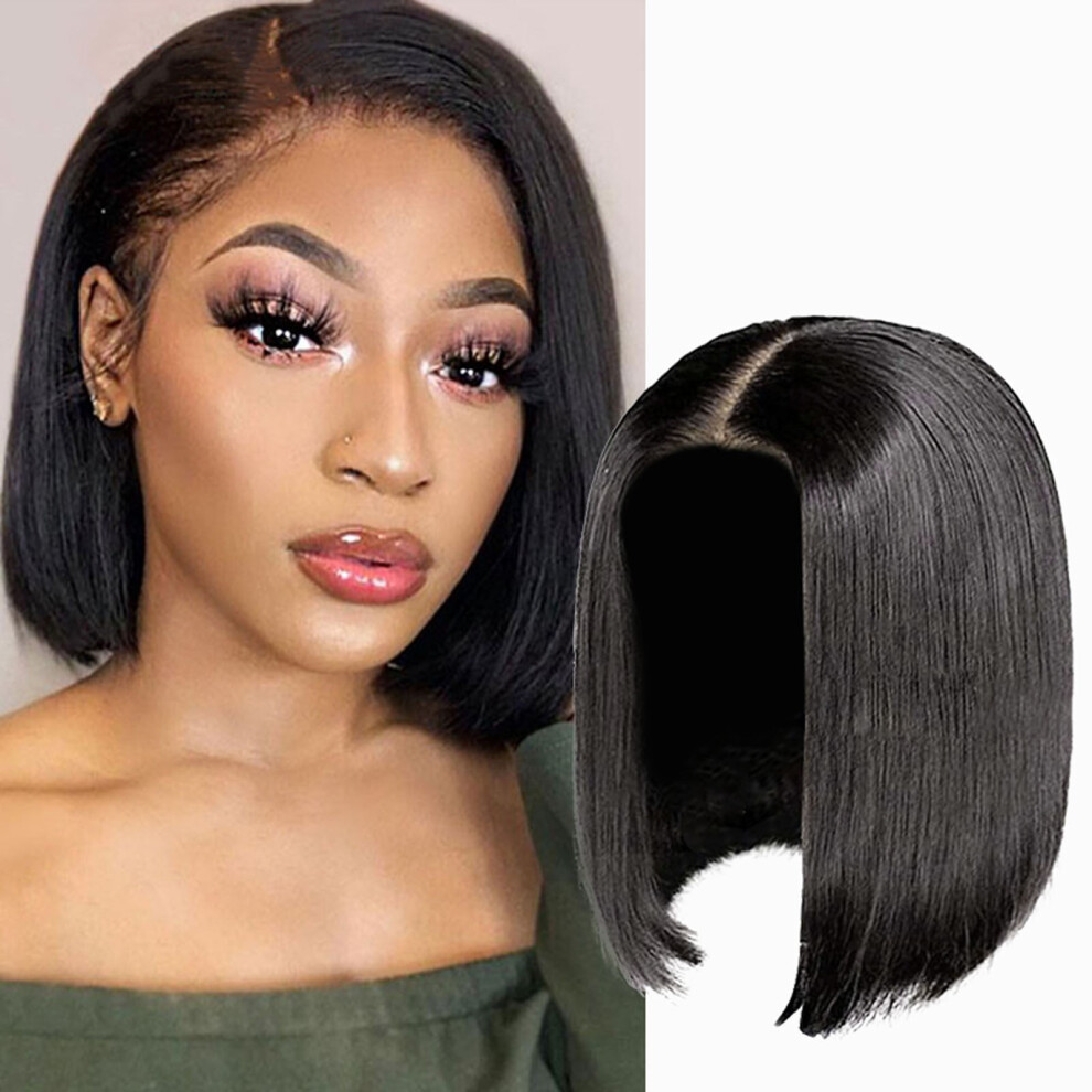 Black Short Human Hair Wigs Glueless Wig Frontal Wigs Medium Length Wigs for Black Women Short Straight Black Ladies Straight Black Hair 13.8in