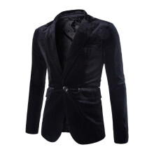 Blazer masculino formal com lapela de pico, corte slim, aberto, com um botão e cor contrastante, ideal para ocasiões formais de negócios.