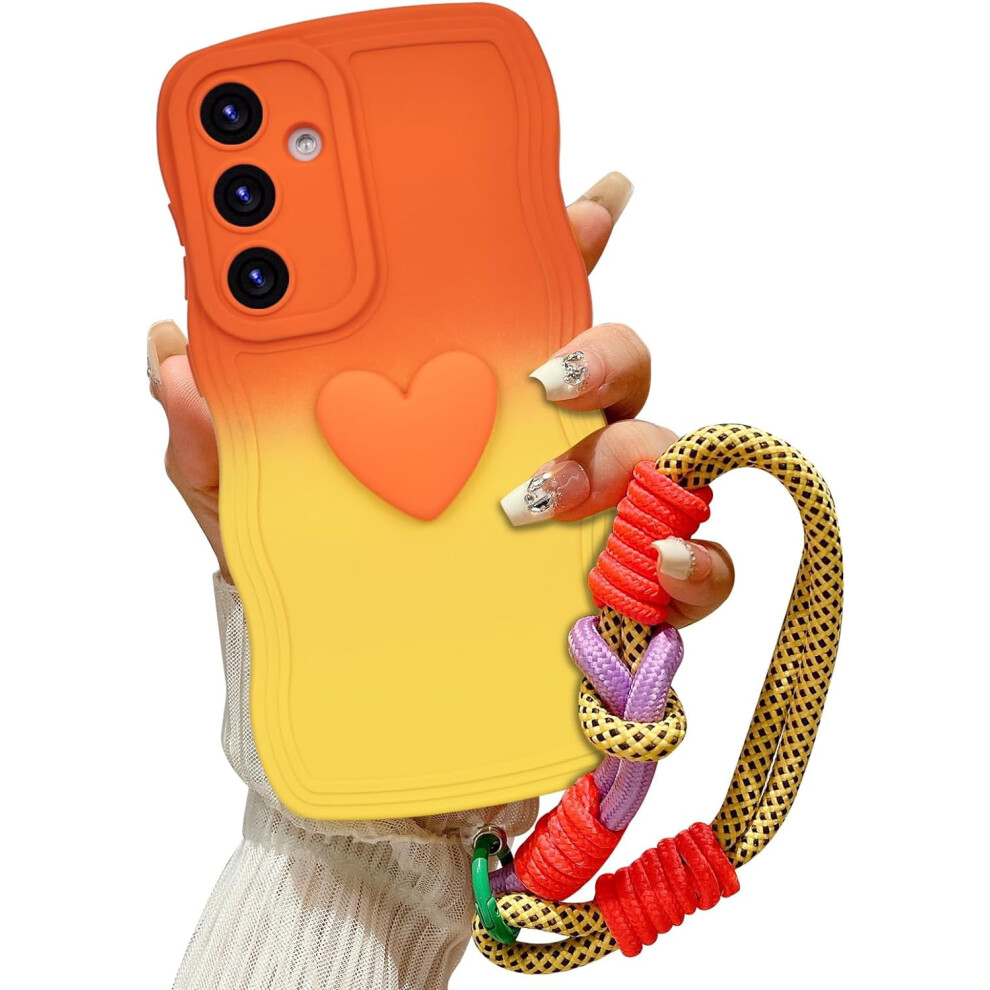 Compatible With Samsung Galaxy S24 Gradient Wavy Case With Wrist Strap, Love Heart Design, Soft Silicone Shockproof Cover Â Orange/Yellow 9448483631525