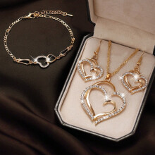 1 Set Women Necklace Bracelet Earrings Hollow Out Double Heart Pendant Jewelry Set for Daily Wear Golden