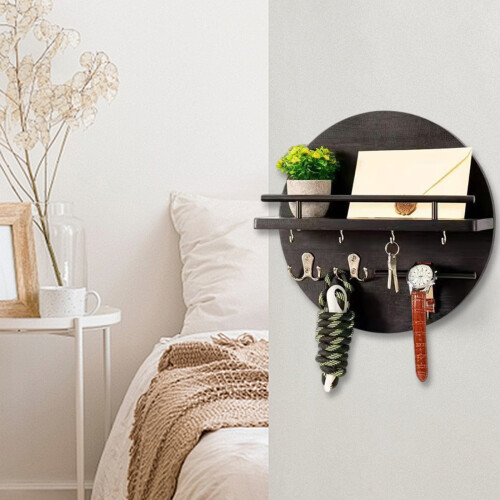 Wall-Mount Key Holder with Shelf & Hooks, Circular Rustic/Boho Design – Compatible with Standard Keys 1