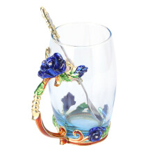 Glass Flower Tea Cup with Spoon 350ML Blue Rose Gift for Home & Office