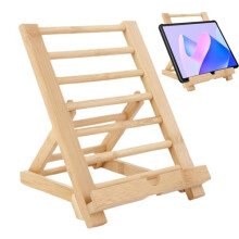 Adjustable Wooden Tablet Stand with Charging Hole, Foldable Wood Cookbook Holder for Desk or Kitchen