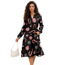 Vestido midi natalino com estampa de bengala doce, manga longa, decote em V, cintura elástica, vestido aconchegante para as festas de fim de ano –