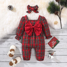 Baby rød ternet heldragt med sløjfe pandebånd blød polyester sparkedragt til 0-24 måneder spædbarn unisex sødt outfit langærmet kravledragt