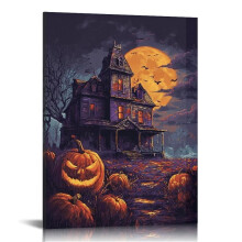 Halloween Pumpkin Castle Canvas Wall Art – 12x16in, for Living Room, Bedroom, Bathroom, Office Decor