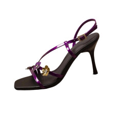 Purple Women's Glitter Rhinestone Slides, Strappy Square Toe High Heels, 3.35" Heel, Spring/Summer Casual Outdoor, Size 42