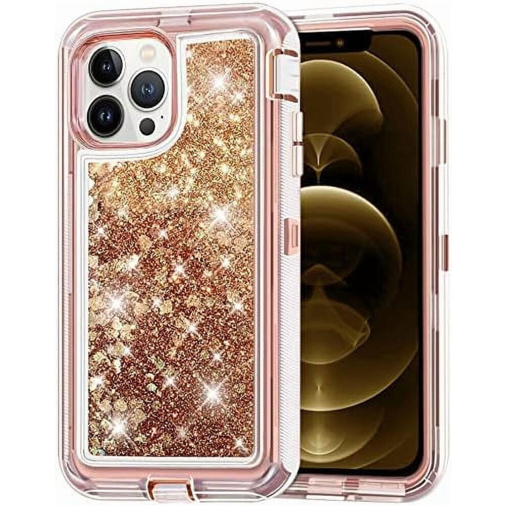 Heavy Duty Glitter Shockproof Case For Apple Iphone 12 – Rose, Liquid Bling Sparkle Luxury Cover 9448483563284