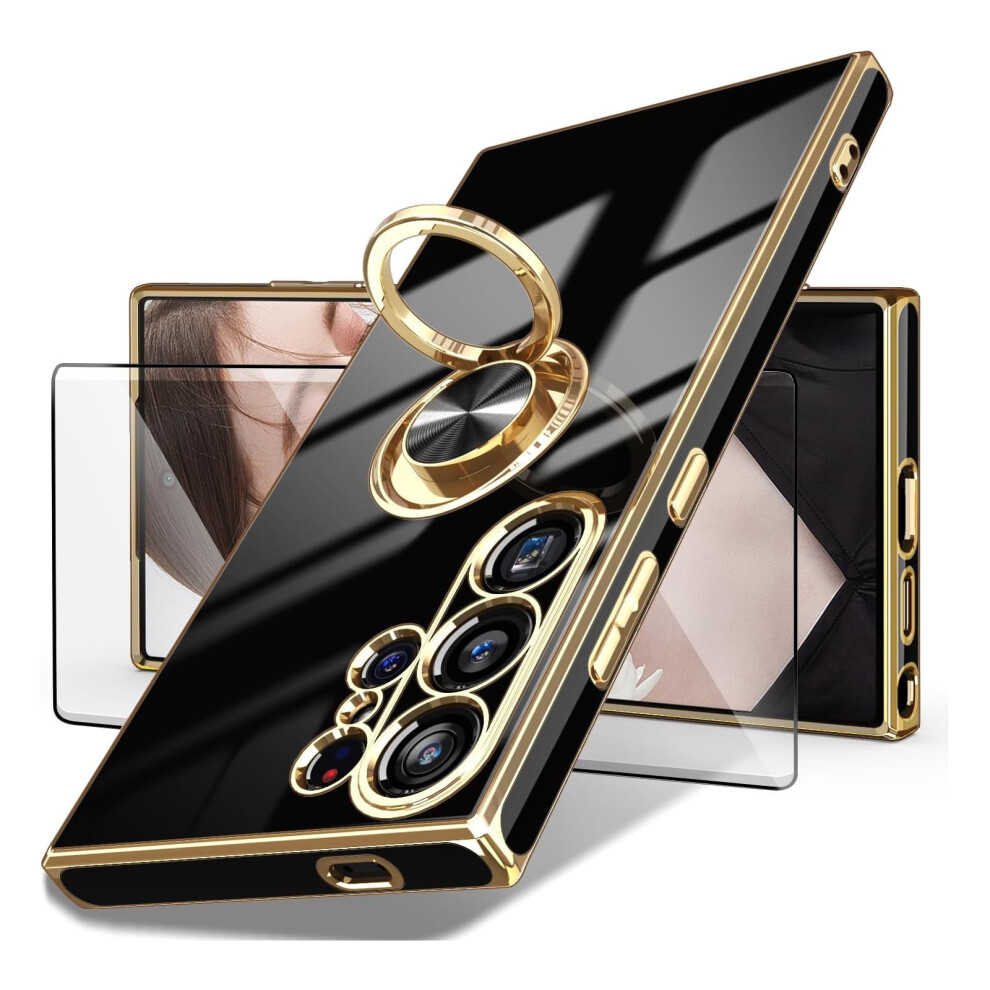 Samsung Galaxy S24 Ultra Case With Screen Protector, 360 Rotating Magnetic Ring Holder, Shockproof Electroplated Cover, Black 9448483566735