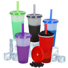 Unzerbrechliche, farbwechselnde Becher (950 ml) – 5er-Set – Kunststoffbecher mit Deckel und Strohhalm – Ideal als Geschenk – BPA-frei –