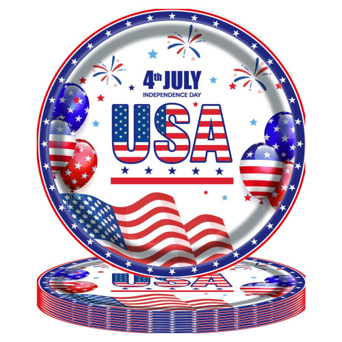 Independence Day Paper Plates, Patriotic Design, 4 Pack