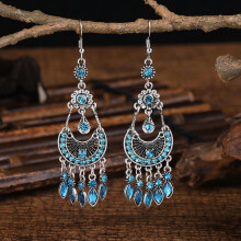Bohemian Ethnic Tibetan Silver Crystal Rhinestones Dangle Tassels Hook Earrings-Lake Blue