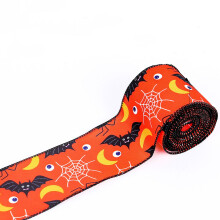 Halloween Wired Edge Ribbon Bat Spider Web Skull Pumpkin Printed Ribbons Wrapping Ribbon for Halloween Party Decoration Wreath DIY Craft