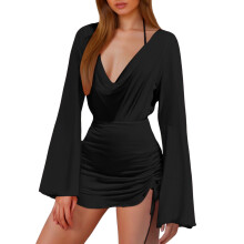 Womens 3 Piece Swimsuit Halter Triangle Thong Bikini Set with Mesh Long Sleeve Ruched Tie Side Cover Up Dress