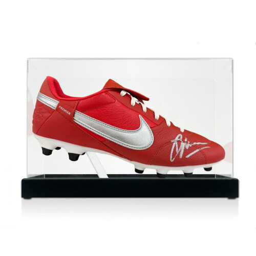 Dennis Bergkamp Signed Red Football Boot. Display Case
