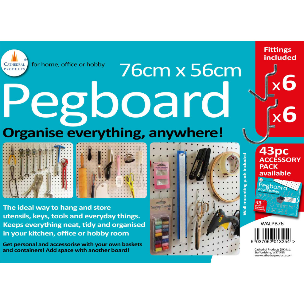 Cathedral Products Walpb76 Peg Board 76 X 56 White With 12 Hooks - White 5037062013254