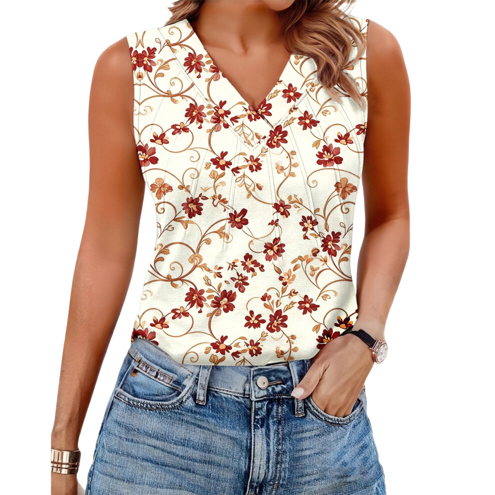 Red Women's Sleeveless Tops, Loose Fit, V-Neck, Summer,- L