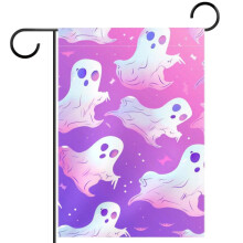 Cute Spooky Ghosts Garden Flag, Pink Background, 12x18", Double-Sided, All-Season Outdoor Decoration