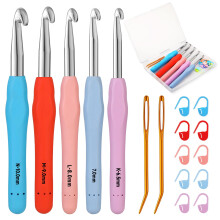 Large Crochet Hook Set, 5 Sizes (K/6.5mm–N/10.0mm), Ergonomic Silicone Handles, Aluminum, for Thick Yarn – Beginner Kit & Gift