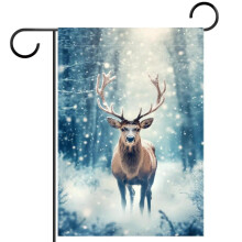 Christmas Nature Forest Snowy Deer Double-Sided Garden Flag, Weather-Resistant, 28x40 Inch, Compatible with Standard Flagpoles