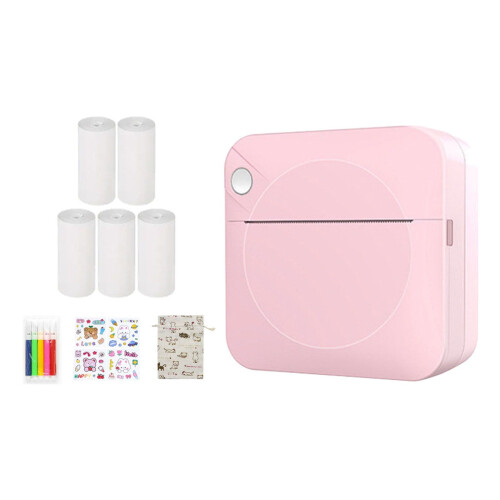 Pink Portable Photo Printer, Wireless Bluetooth, Compatible with Study Notes & Wrong Question Printing, 5 Paper Rolls