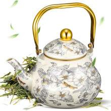 Vintage emalje-tekanne - emalje-tekanne med blomstermotiv og kjølig porselenshåndtak til komfyrtopp, kjøkkeninnredning