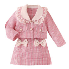 Kjole til småbørn, efterår/vinter, todelt sæt, elegant overfrakke og sløjfe, halvnederdel, pink, 5-6 år