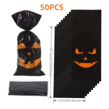 50PCS Halloween Pumpkin Skull Treat Bags – Orange & Black Plastic Candy Bags for Trick or Treat, Party Favors, Goodie Bags (10.82x4.92 Inches)