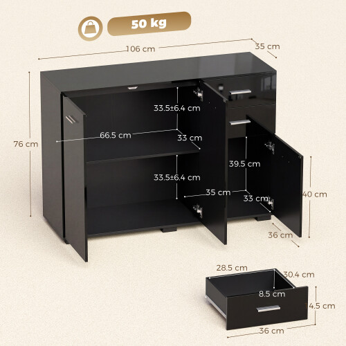 Homcom HOMCOM Modern Sideboard Kitchen Storage Cabinet, High Gloss Black 2