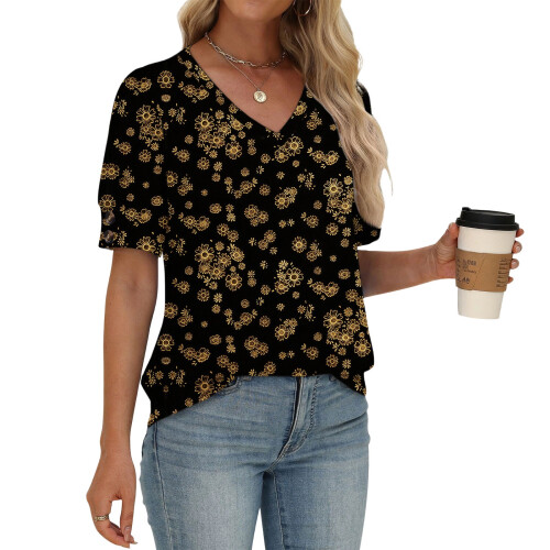 Women's  Short Sleeve Button-Down V-Neck Shirts rSets -Black M 2