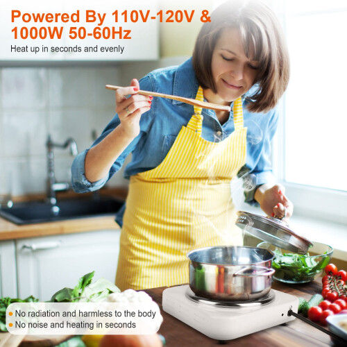 Electric Single Burner Hot Plate 1000W 5-Temp Settings White 1