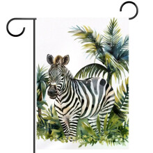 Zebra watercolor flag with jungle palm leaves 28x40 inch