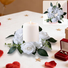 Silk Rose Wreath – White Table Centerpiece & Candle Holder for Weddings, Parties, Valentine’s Day (Feb 14); Compatible with standard candlesticks