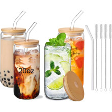 20oz Glass Cups with Lids & Straws (Set of 4) – Aesthetic Iced Coffee Tumblers, Gift-Ready Reusable Drinkware, Compatible with standard lids