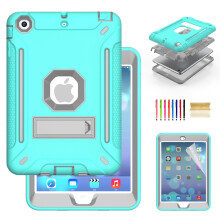 Kompatibel mit iPad Mini Hülle mit Displayschutzfolie: für Mini 2, 3 & Retina – 3-lagige, stoßfeste Hülle mit Ständer, Mint/Grau
