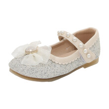 Girls Dress Shoes Glitter Princess Shoe Flower Mary Jane Low Heels Party Wedding Prom Footwear for Toddler Kids Beige 5.5-6 Years
