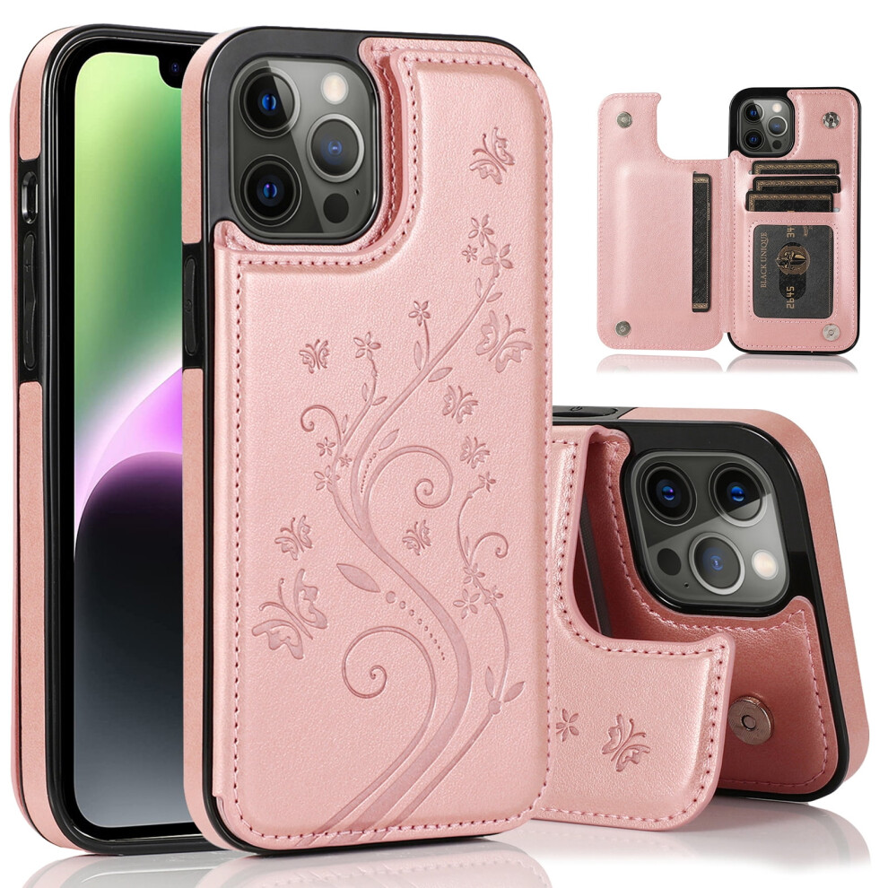 Iphone 15 Case With Card Holder, Embossed Flower Magnetic Flip Wallet Case Â Shockproof, 6.1", Rose Compatible With Iphone 15 Gold 9448483574952