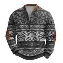 Herre let sweatshirt med rund hals, strik og lynlås, langærmet, trykt, kravefri, hættefri
