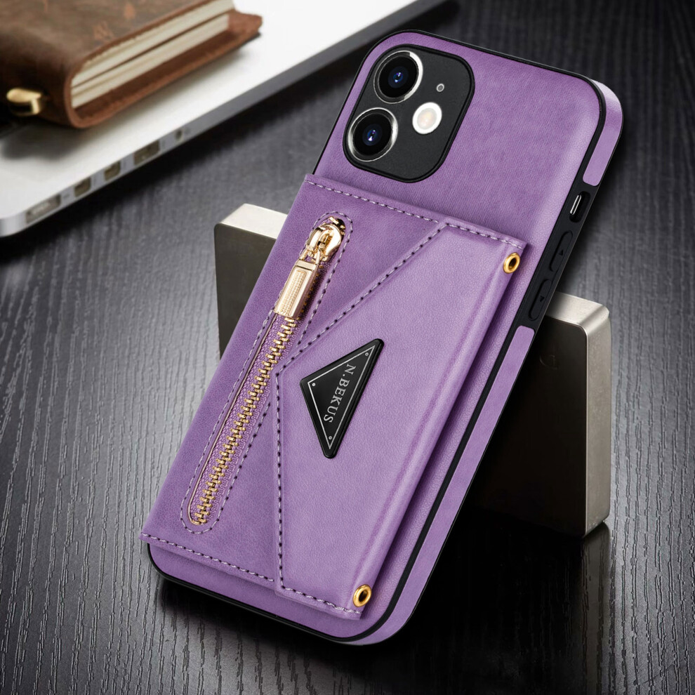 Shockproof Card Holder Wallet Back Case For Iphone 11 6.1", Pu Leather + Silicone, Kickstand & Cross-Body Strap, Purple 9448483576093