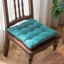 Geometric Plush Square Chair Pad with Ties and Pom-Pom Trim