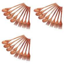 24Pcs Wooden Spoons Forks Set, Japanese Style Wooden Utensil Set, Handmade Kitchen Spoon, Reusable Travel Flatware Set B