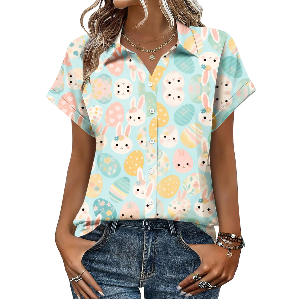 Women's Button-Down Shirts, Short Sleeve, V-Neck,-Multi L