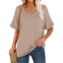 Womens  V Neck T Shirts Cap Sleeve Work  Casual -Light Khaki L