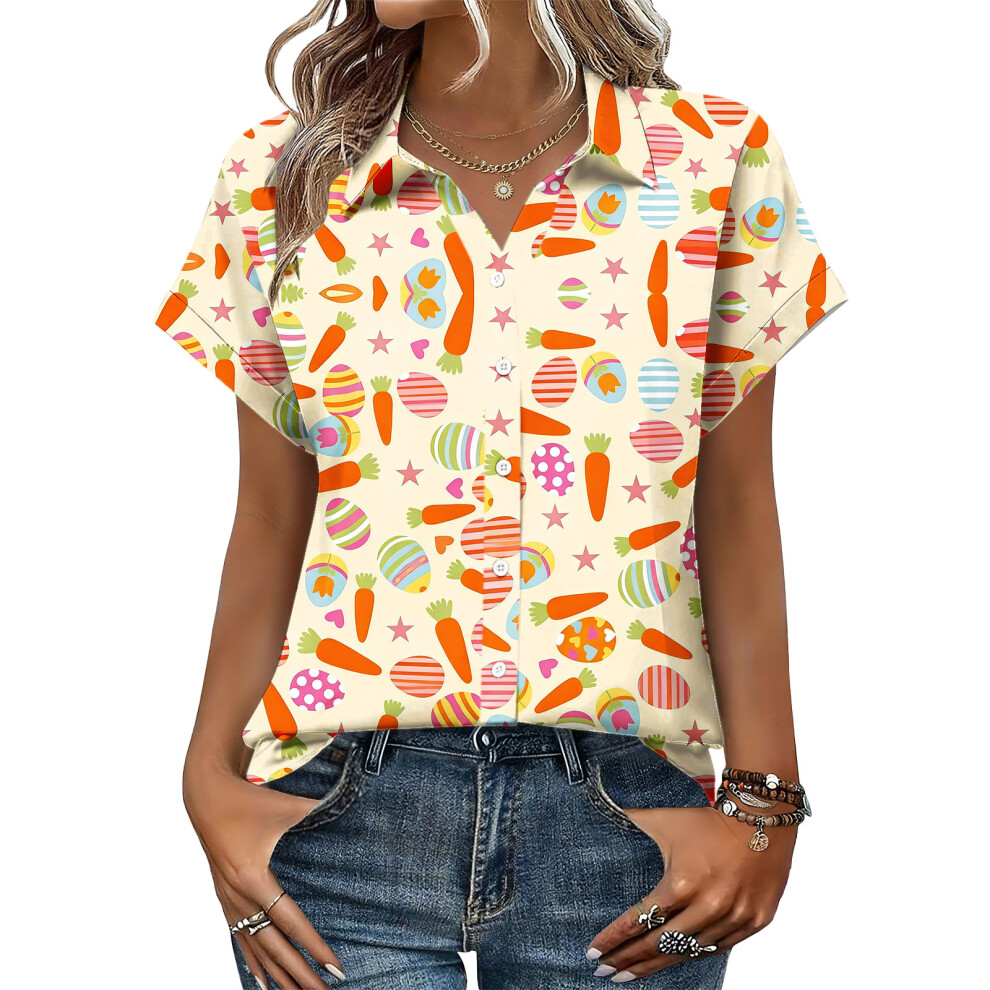 Orange Women's Button-Down Shirts, Short Sleeve, V-Neck,- L