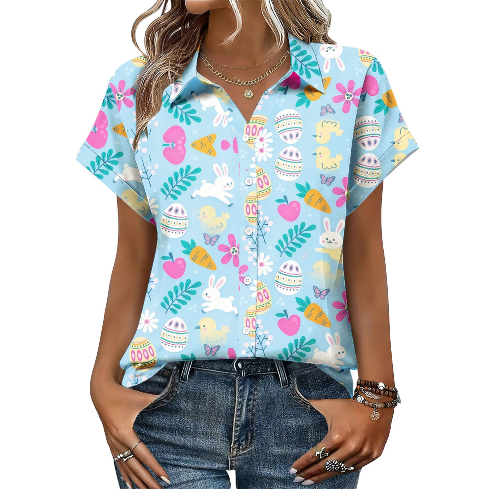 Sky Blue Women's Button-Down Shirts, Short Sleeve, V-Neck,- Xxl