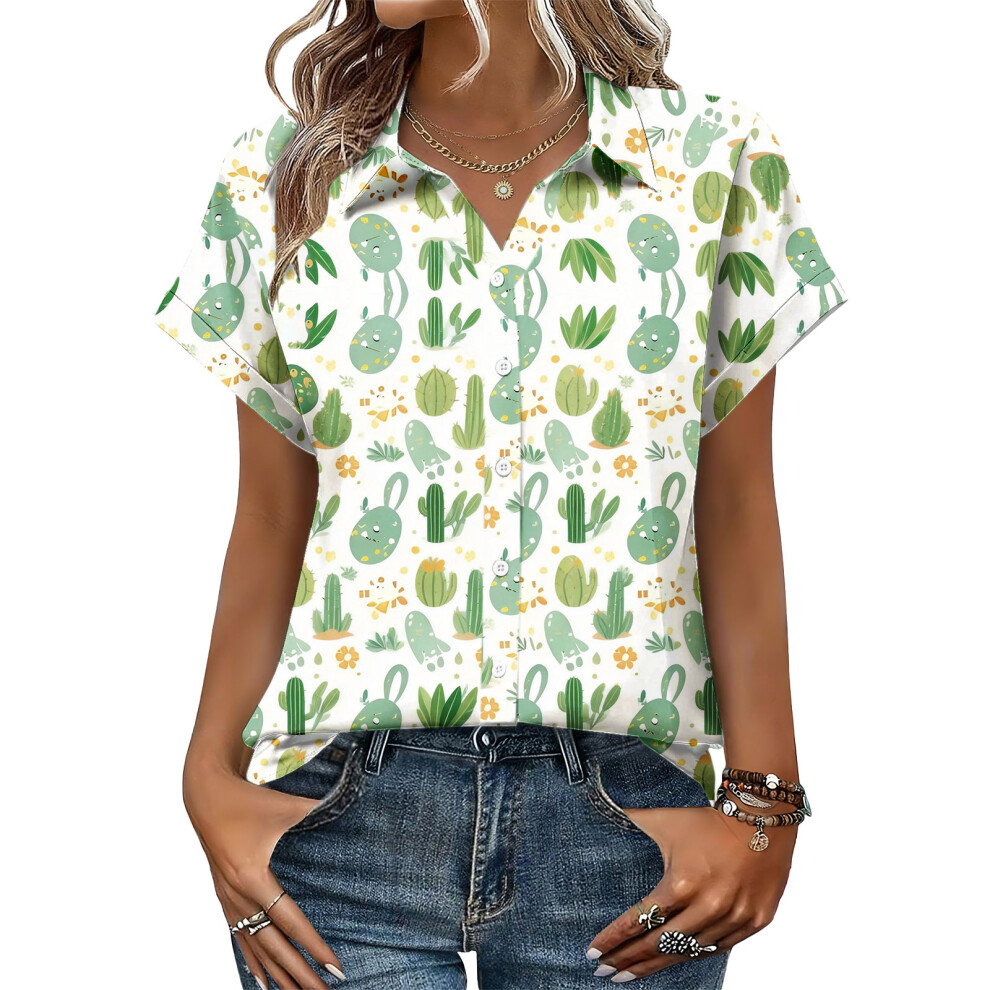 Green Women's Button-Down Shirts, Short Sleeve, V-Neck,- L
